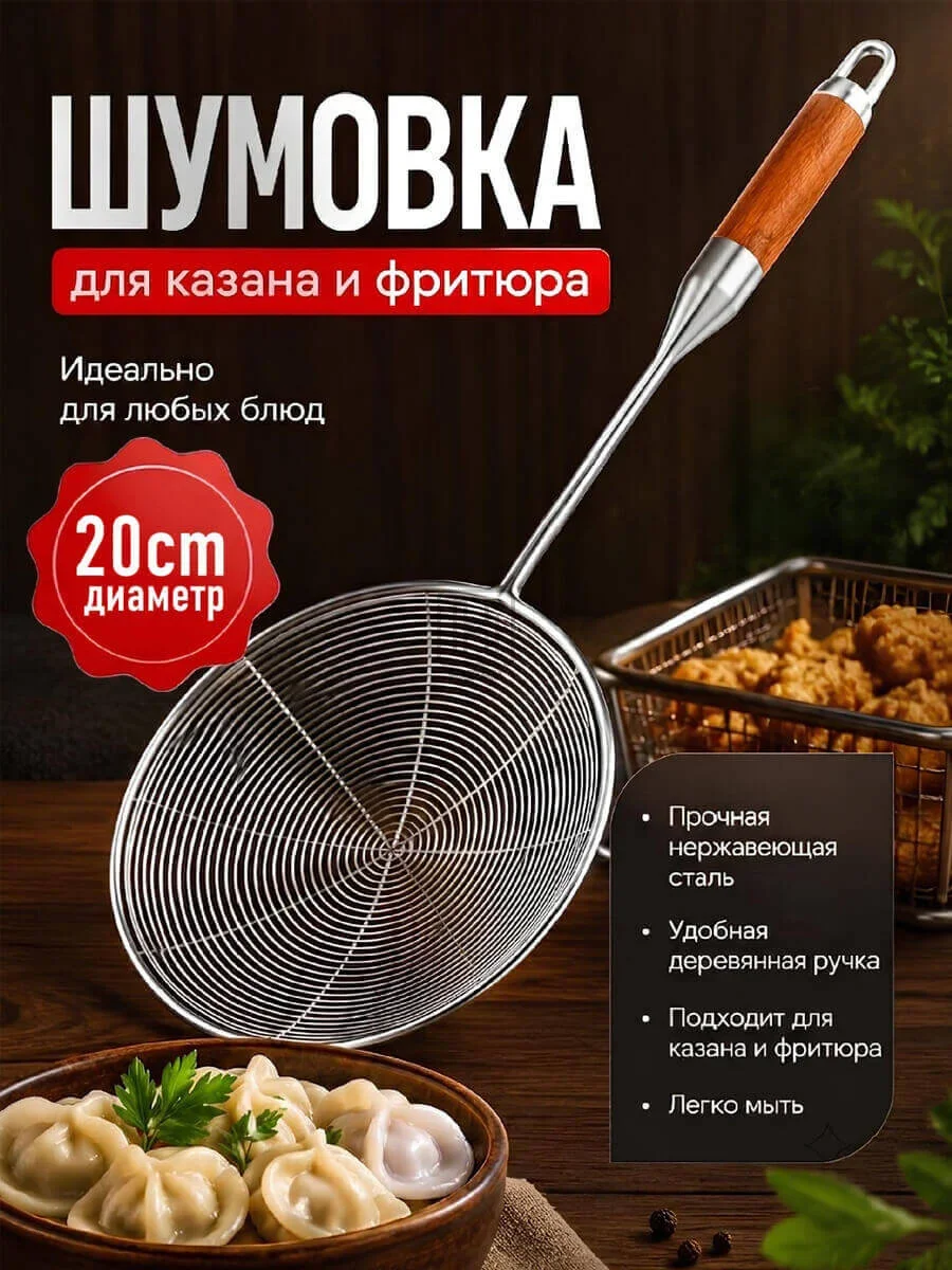 шумовка с деревянной ручкой
